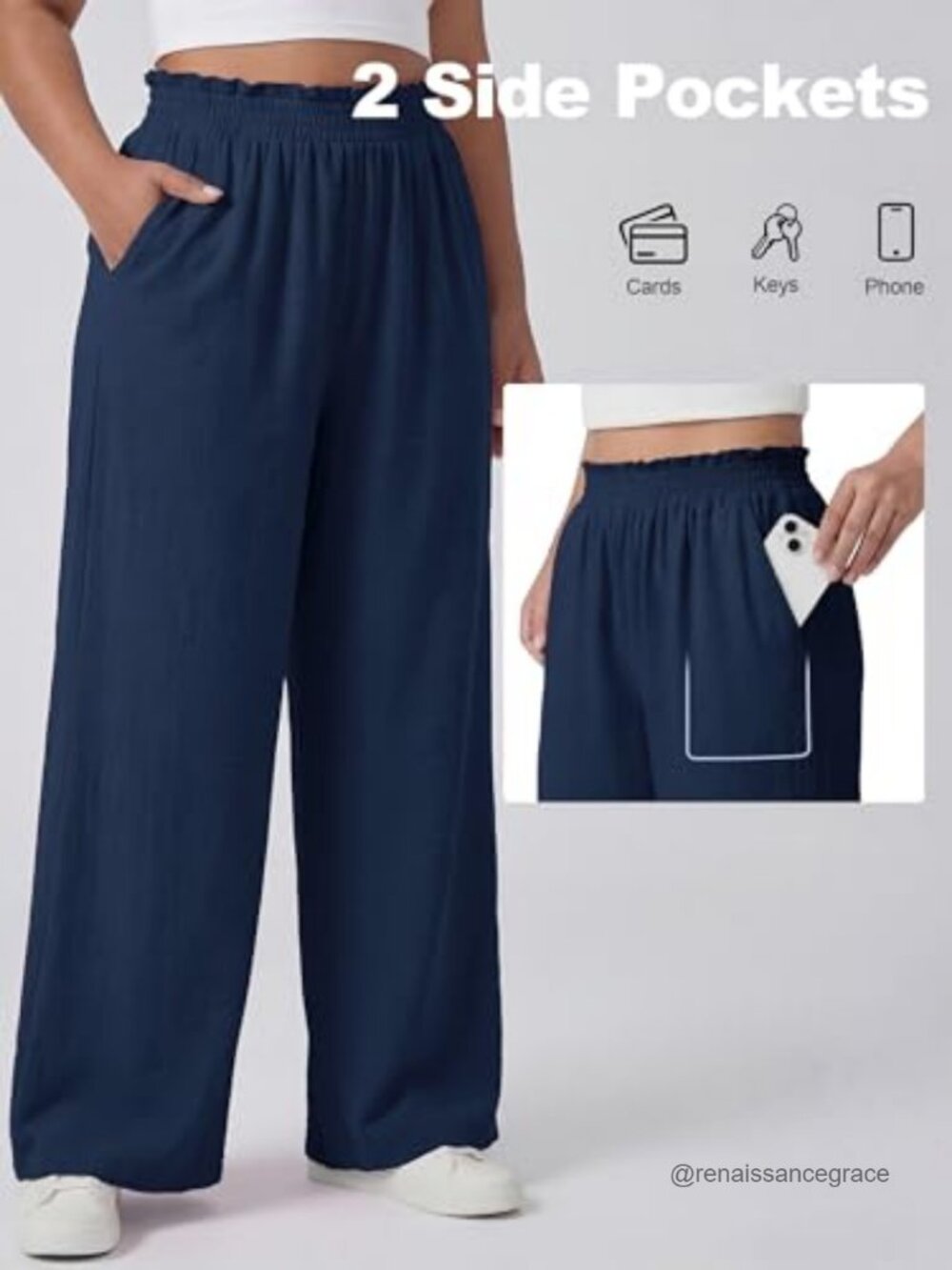 Women’s Plus Size Wide Leg Palazzo Pants with Pockets Elastic High Waist - Picture 5 of 6
